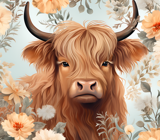 Highland cow orange flowers